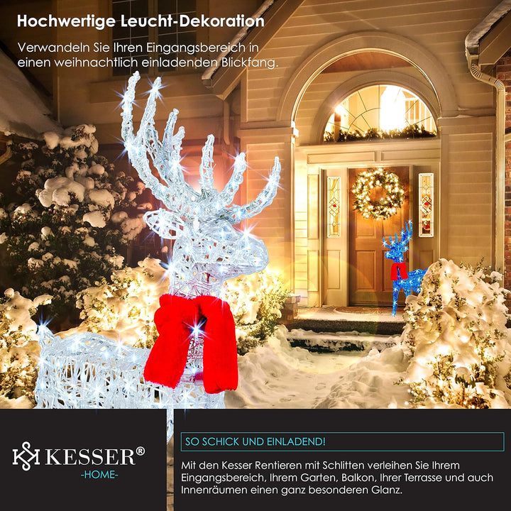 KESSER® 240er LED Rentiere mit Schlitten Mit Fernbedienung 30 Funktion, weiss/Bunt, Inkl. 2X Dekosch