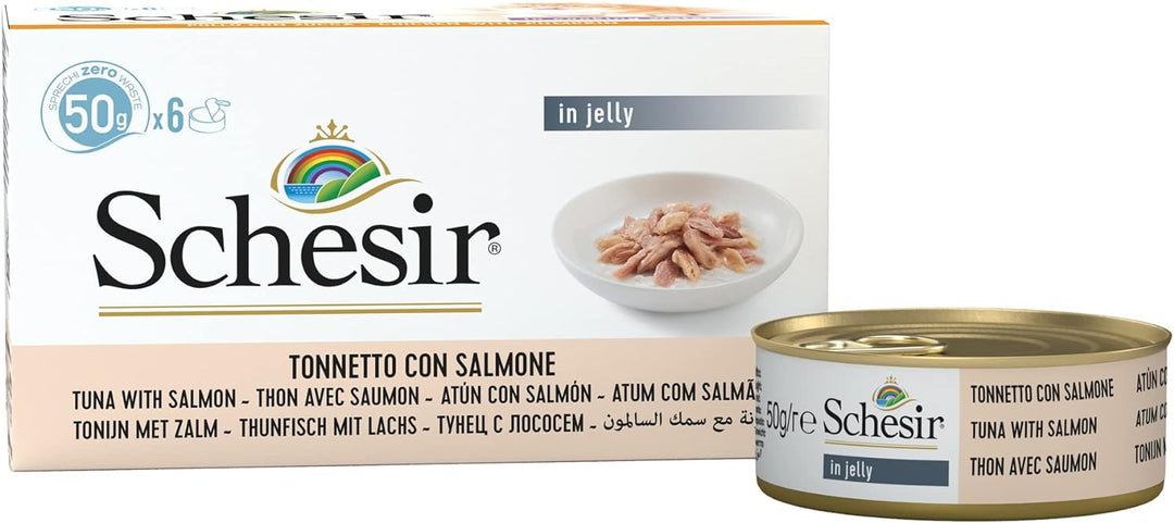 Schesir Cat Jelly Thunfisch mit Lachs, Katzenfutter nass, 8 x 6 Dosen x 50 g Thunfisch mit Lachs Jel