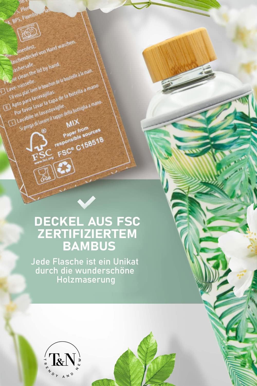 T&amp;N Glasflasche 1 Liter / 750ml / 500ml – Trinkflasche Glas 1l mit Neoprenhülle – Wasserflasche Ausl