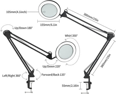 Beyamz Lupenleuchte Lupenlampe / 105 mm 5-Dioptrien-Echtglas / 3 Farbmodi / 10-stufig Dimmbar / 750