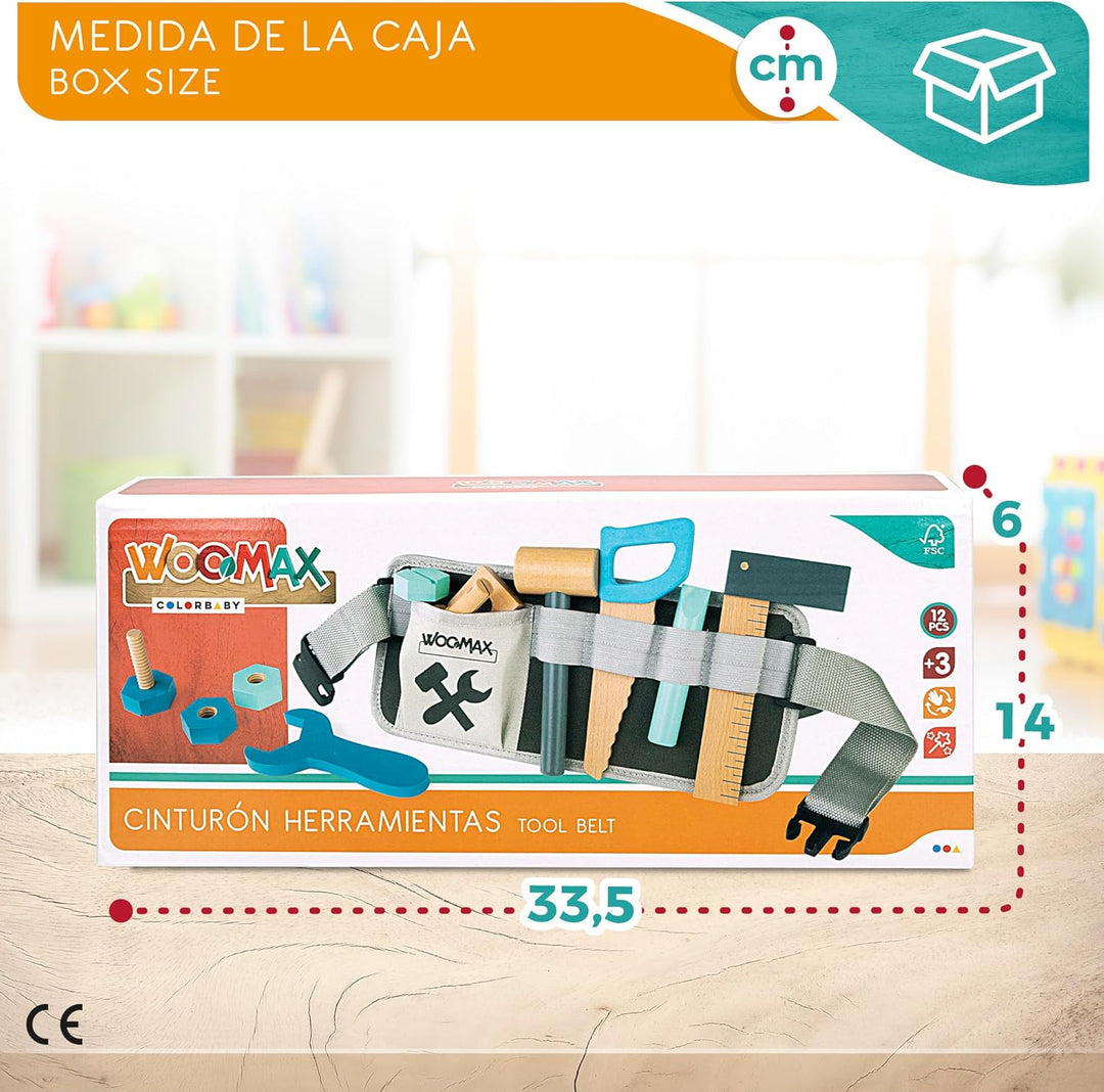 WOOMAX 49304 Werkzeuggürtel für Kinder, inklusive 12 Teilen, Kinderspielzeug aus Holz, Arbeit und Ba