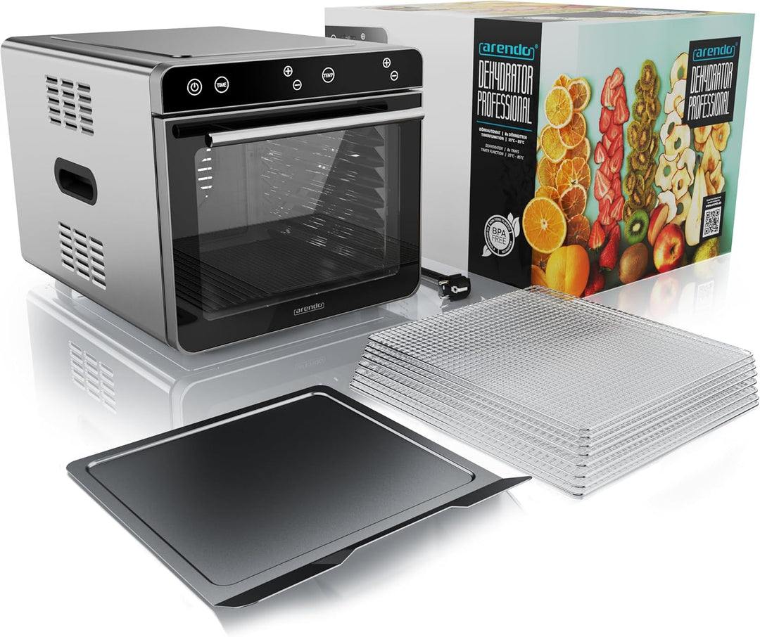 Arendo - Dörrautomat Edelstahl mit 8 Edelstahlgitter - 700 W - 35°-85°C - 8 Edelstahl Einlegetablett