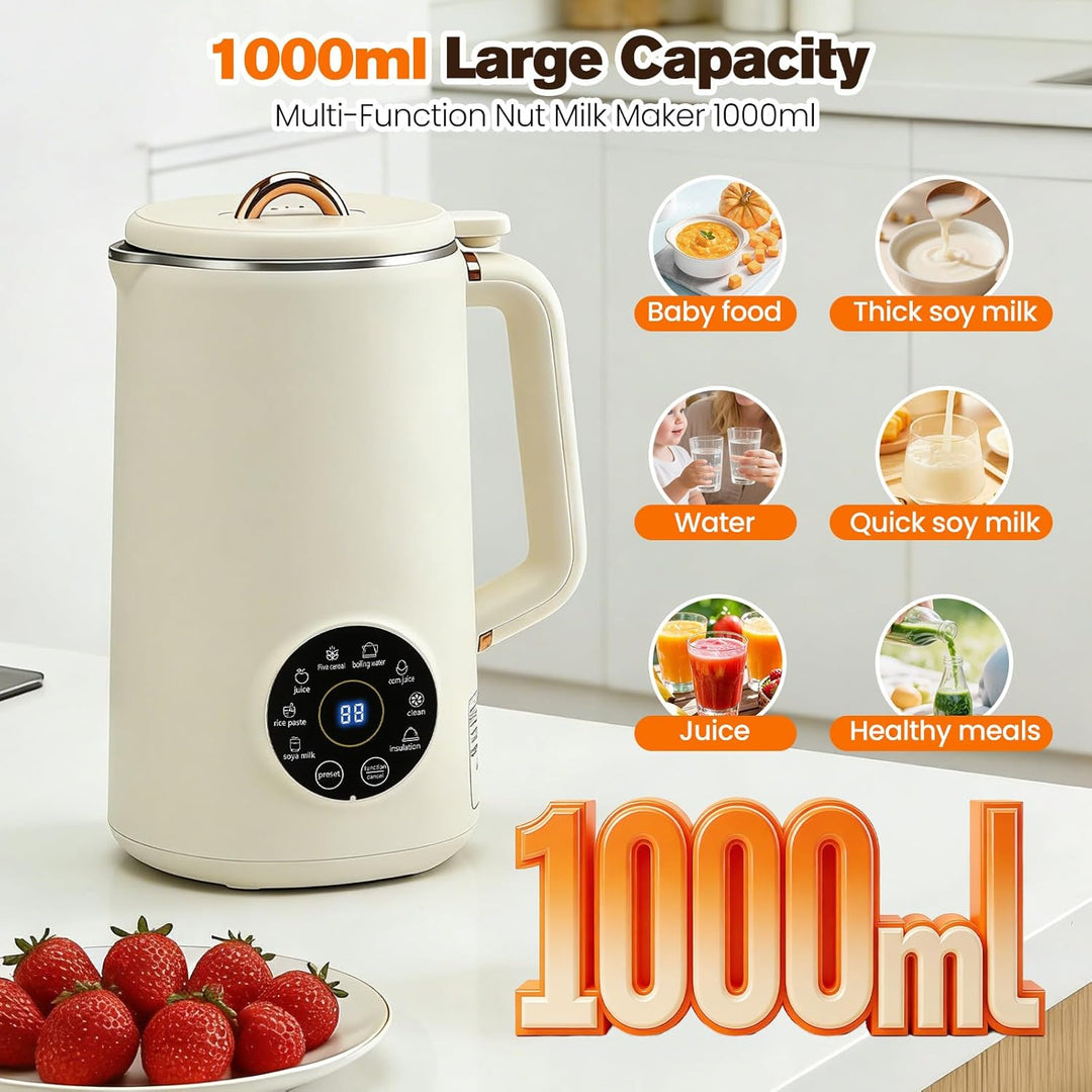 Nussmilchmaschine, 1000ML 8-in-1 Sojamilch Maschine, Automatische Warmhaltefunktion & Selbstreinigun