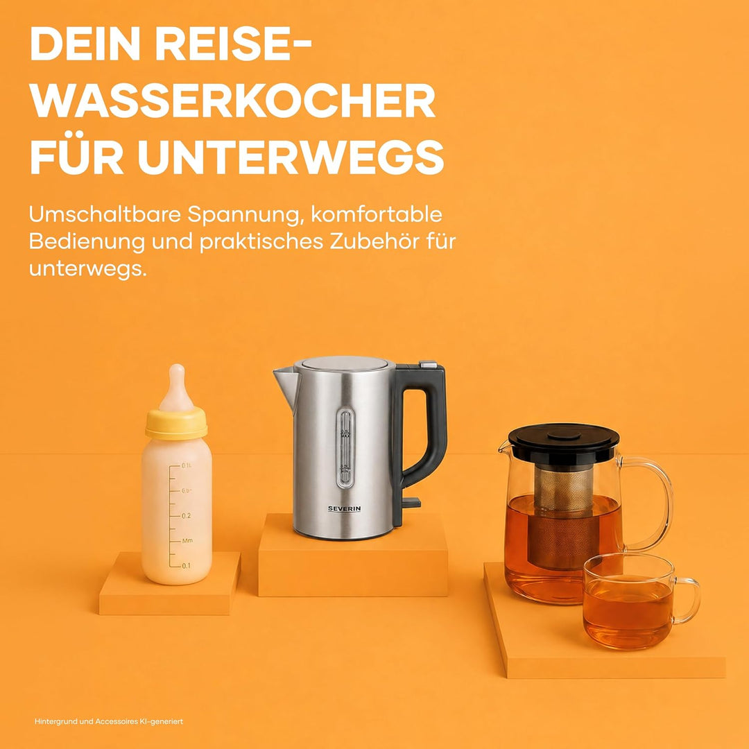 SEVERIN Reise-Wasserkocher-Set, Mini-Reisewasserkocher für 0,5 L, elektrischer Wasserkocher mit 2 Ku