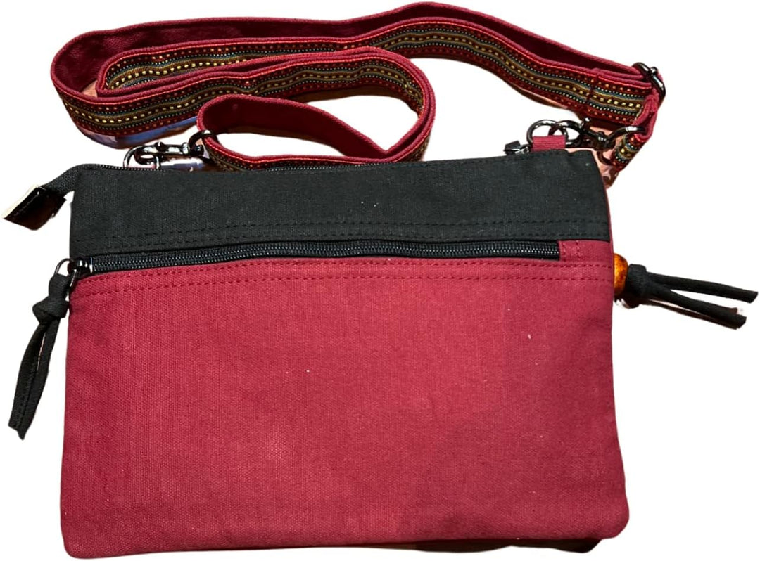 Macha Ethnische kleine Baumwolltasche mit bunten Drucken und Ledereinsätzen, Ethnische indische Baum