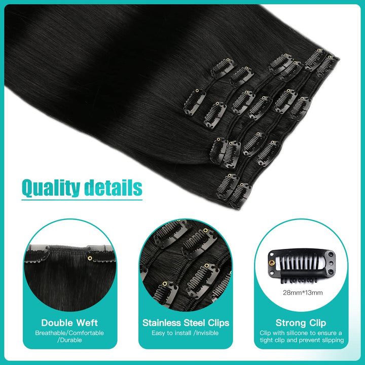 SURNEL Clip in Extensions Echthaar Glatt Remy Clip in Echthaar 100g 35cm 6 Stück 14Zoll Jet Schwarz