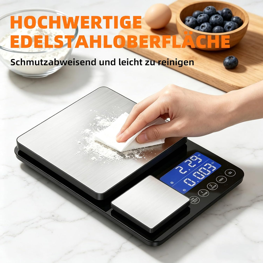 Digitale Küchenwaage mit 2 Plattformen | 15kg/1g & 500g/0.01g Präzisionswaage | 7 Mess-Einheiten, Au