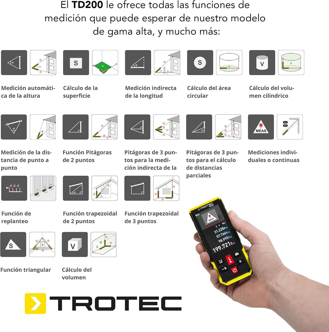 TROTEC Laser-Entfernungsmesser TD200 | Messgerät für professionelle Messanwendungen bis 200 m Reichw
