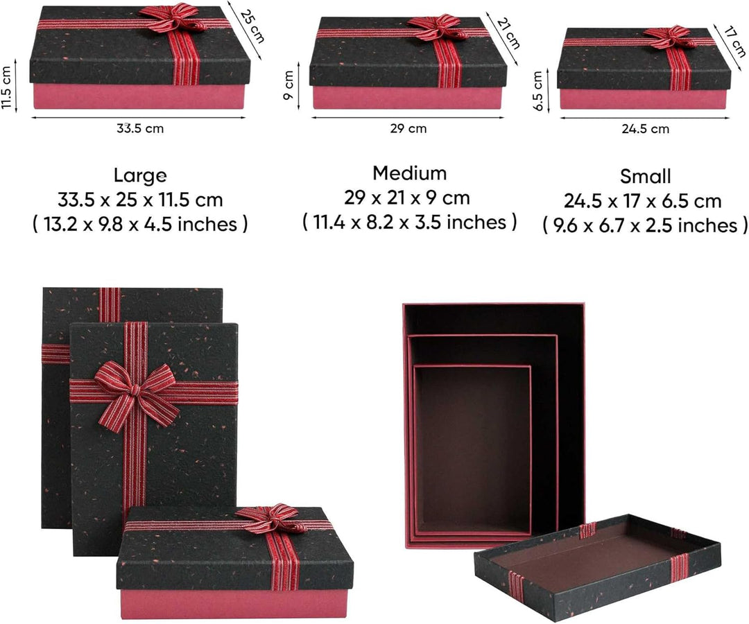 Emartbuy Set mit 3 starren Geschenkboxen, strukturierte burgunderrote Box mit schwarzem Deckel, gest