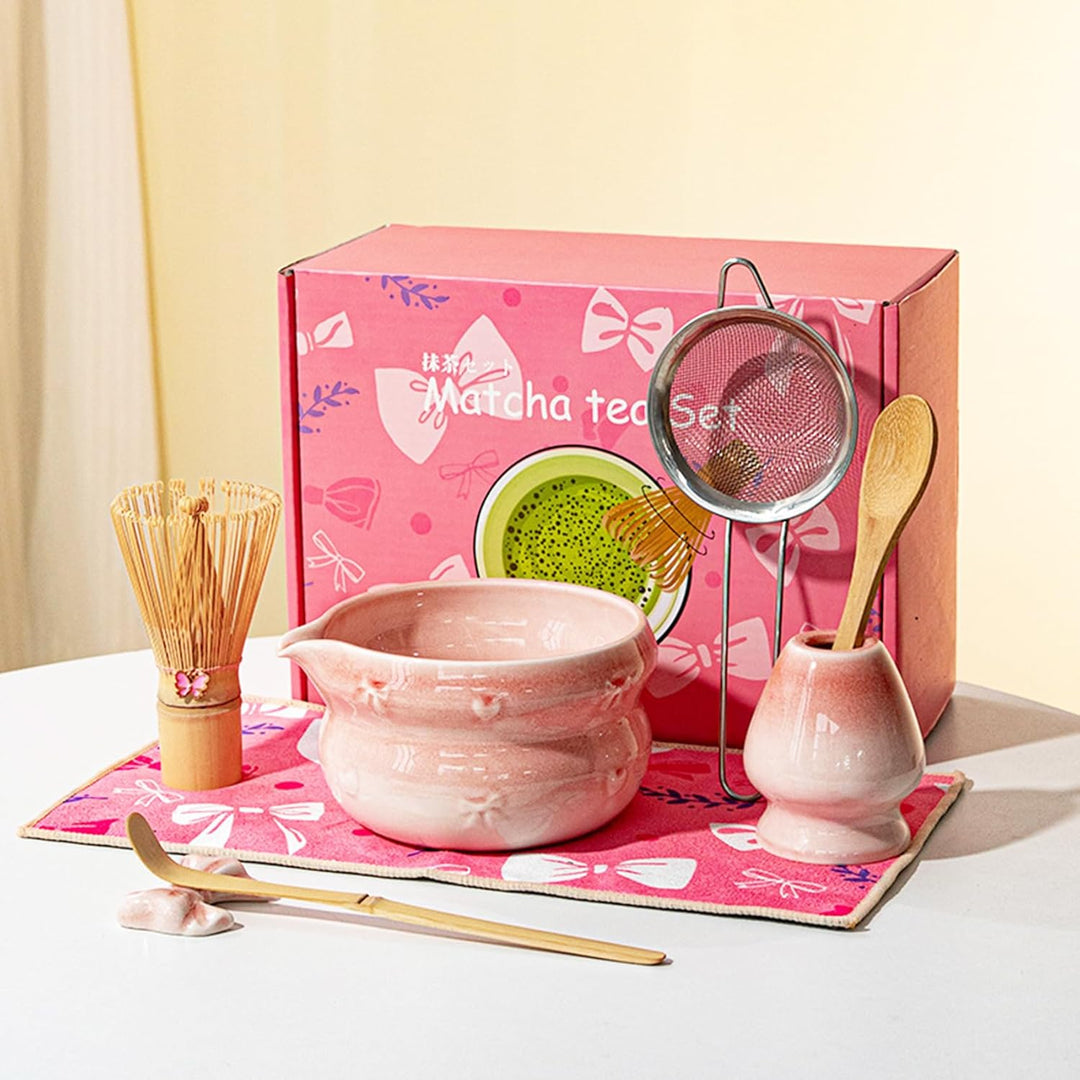 Nideen Matcha Set Rosa 8-teilig mit Schale, Besen, Löffel, Sieb & Zubehör – Traditionelles Matcha Te
