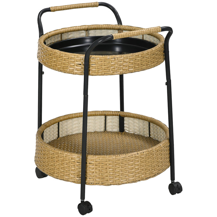 Outsunny Servierwagen Rattan Trolley mit 2 Regalen, Runde Küchenwagen, Gartenrollwagen mit Griffen,