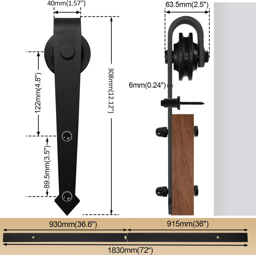 Schiebetürbeschlag Komplettset - Schiebetürsystem für Holztüren und Falttüren - 183cm Schwarz - Lauf