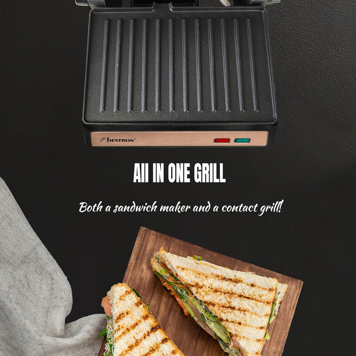 Bestron elektrischer Kontaktgrill mit Auffangschale, Sandwichmaker mit Cool-Touch-Handgriff & 180° Ö