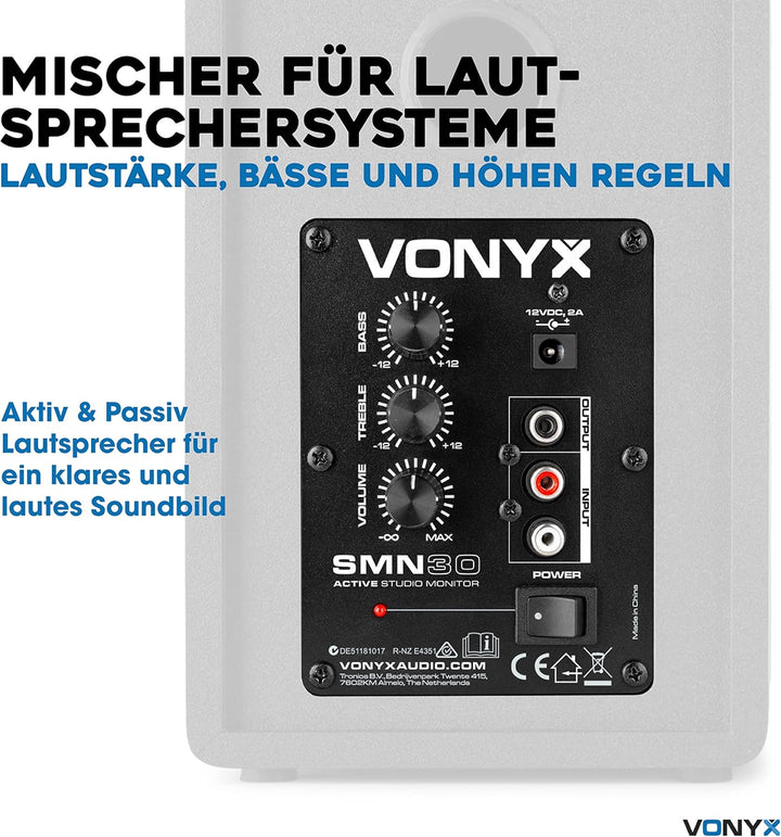Vonyx SMN30B - Studio Monitor, Aktiv Lautsprecher Set, 60 Watt, 3 Zoll Studiolautsprecher Set, DJ Mo