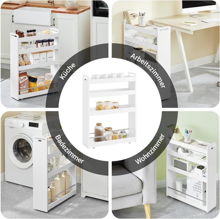 SoBuy® NSR01-W Nischenregal mit 4 Etagen Küchenregal mit Rollen Badrollwagen Ordnungswagen Rollwagen