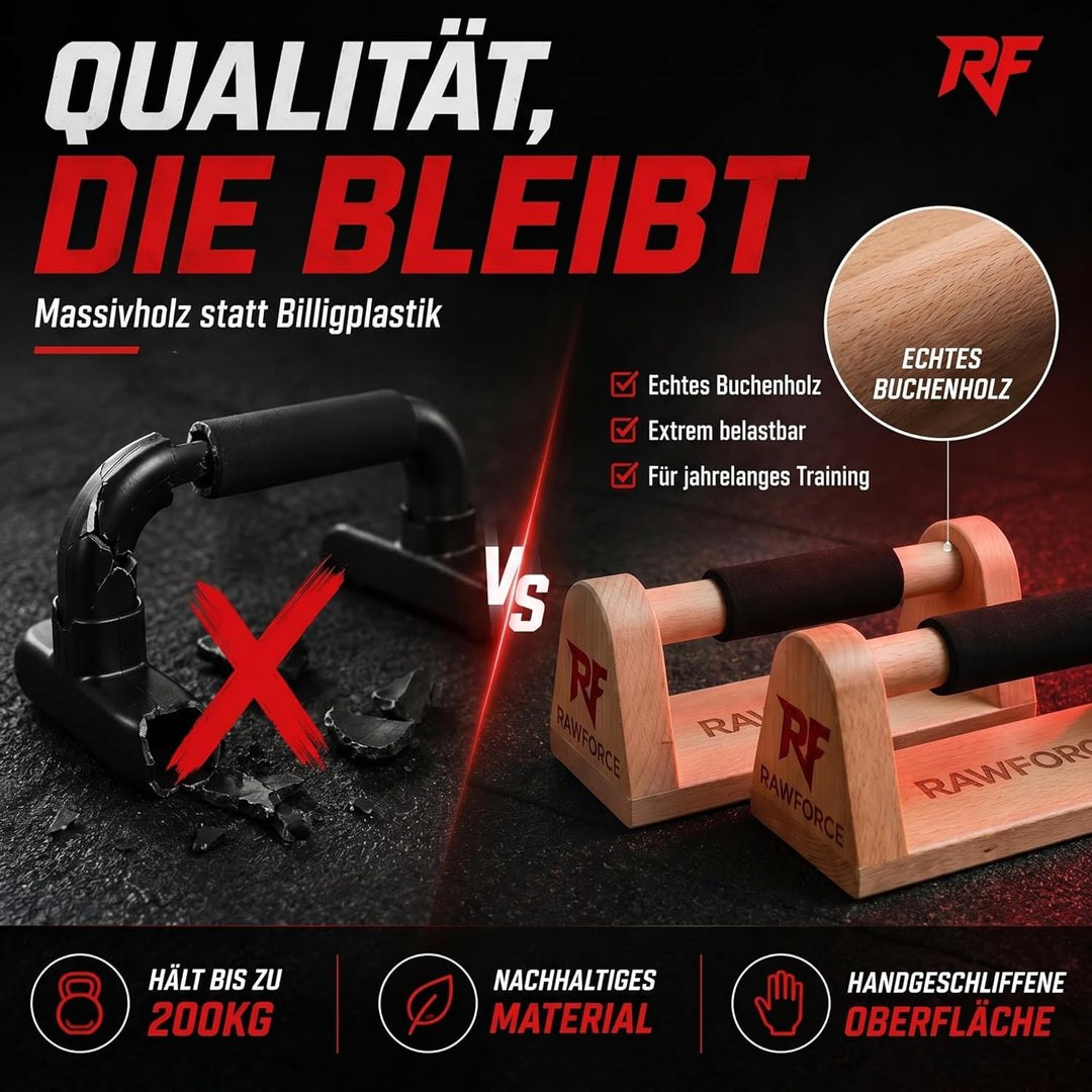 RawForce 2x Liegestützgriffe aus Holz - Joint-Friendly & Rutschfest - Parallettes Push Up Bar - Hand