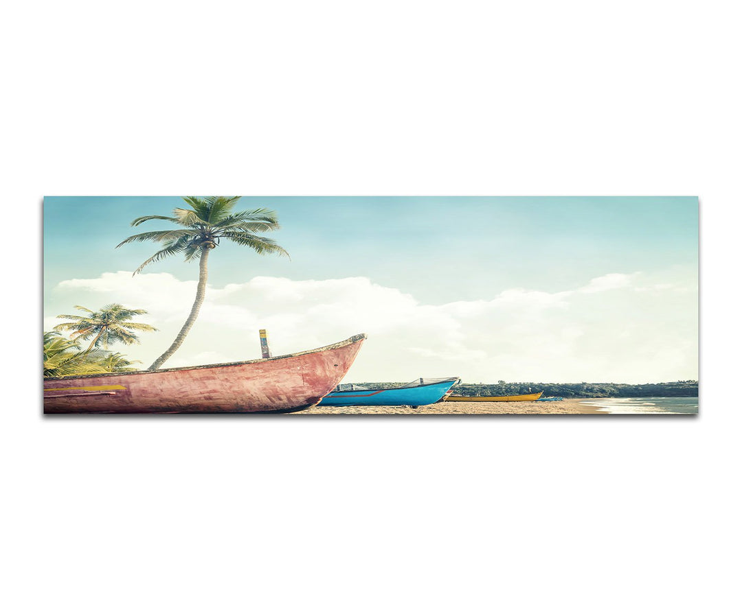 Paul Sinus Art Panoramabild auf Leinwand und Keilrahmen 150x50cm Strand Meer Palme Boote Vintage