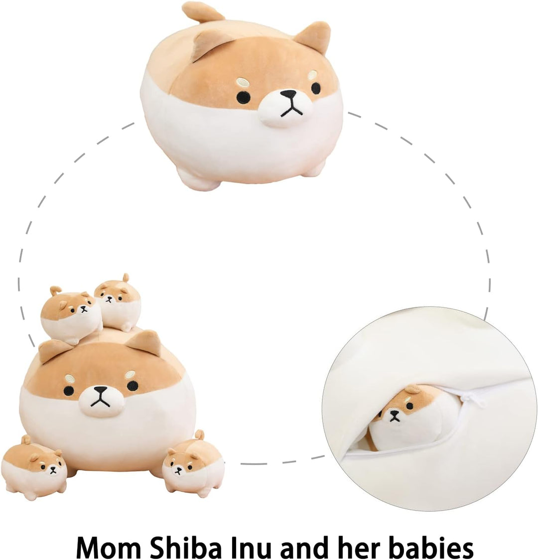 SQEQE Stuffed Animal Shiba Inu Plush Toy with 4 Baby Shiba Inu Plushies in her Tummy, Stuffed Cotton