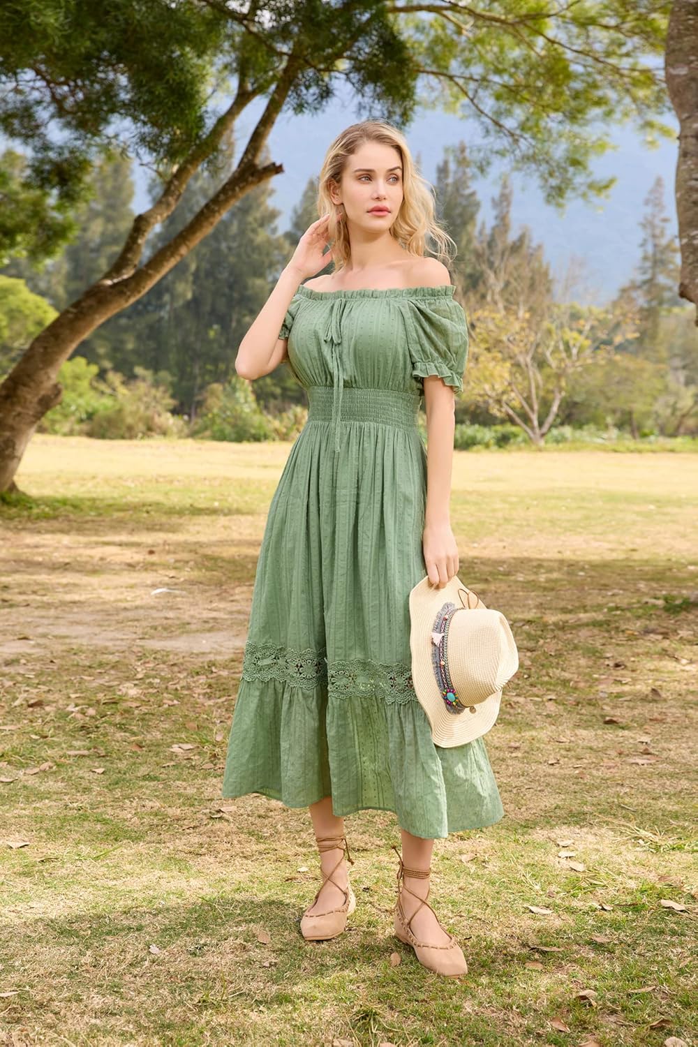 SCARLET DARKNESS Damen Renaissance Kleider Schulterfrei Puffärmel Gesmokte Taille Baumwollkleid XXL