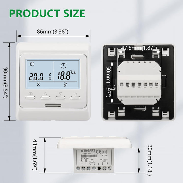 Wengart Innenthermostat WG806,AC230V Wochenprogrammierung,6 Zeiträume,Ausgang 3A,LCD-Digitalanzeige,