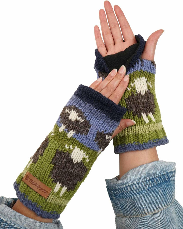 Pachamama Damen-Handwärmer aus Wolle, mit Fleece gefüttert, handgestrickt, Herdwick-Schaf, mehrfarbi