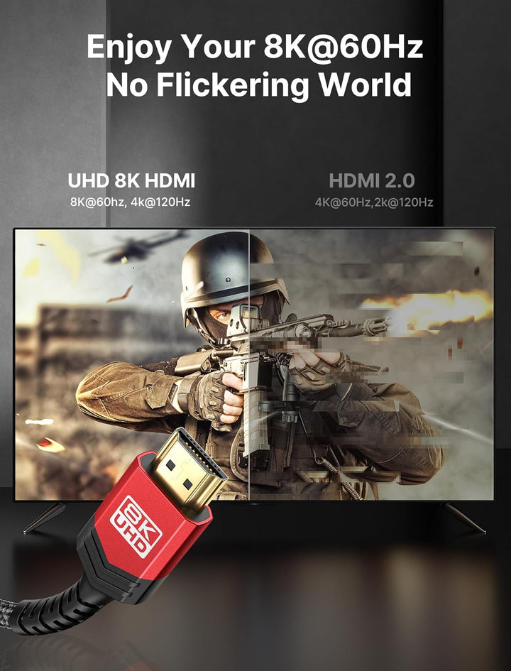 JSAUX 10K 8K HDMI Kabel 1.8M, HDMI 2.1 Kabel Highspeed Ethernet 48Gbps 8K@60Hz, 4K@120Hz, UHD HDR 10