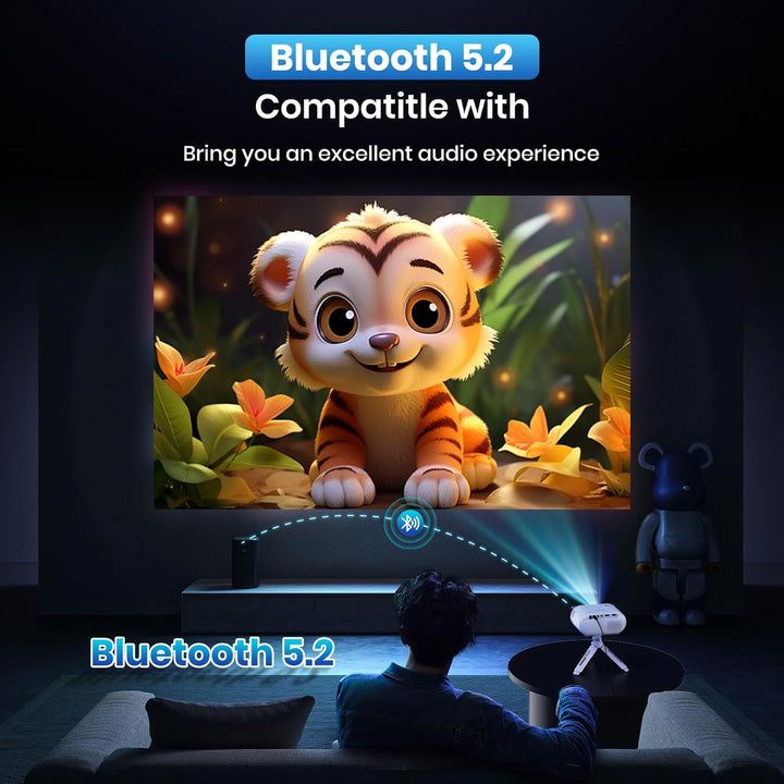 Mini Beamer mit Stativ 1080p WLAN- und Bluetooth-Unterstützung Tragbarer Beamer, Kompatibel mit Smar