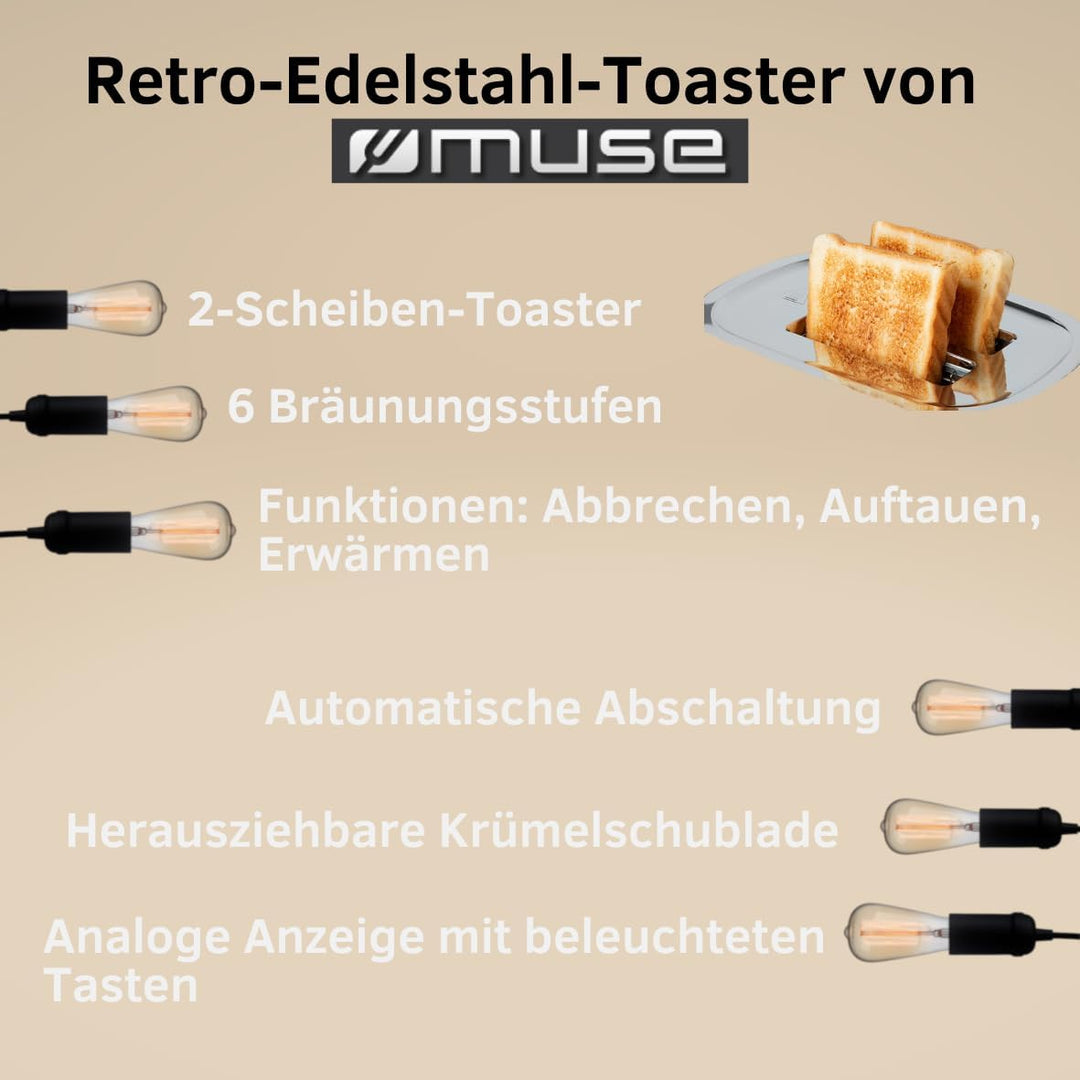 Muse Wasserkocher und Toaster Set, 2er Frühstücks-Set mit Retro Wasserkocher und 2 Scheiben Toaster