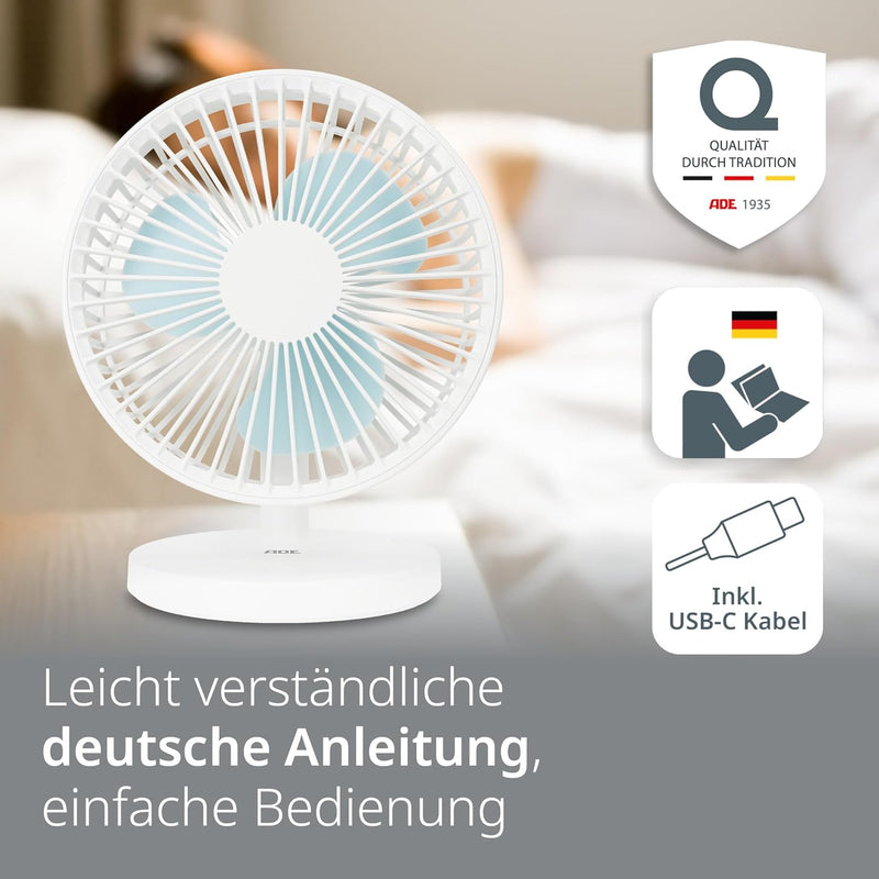 ADE Sehr leiser Tischventilator | USB Ventilator mit 3 Geschwindigkeitsstufen | 2.000 mAh Akku für b