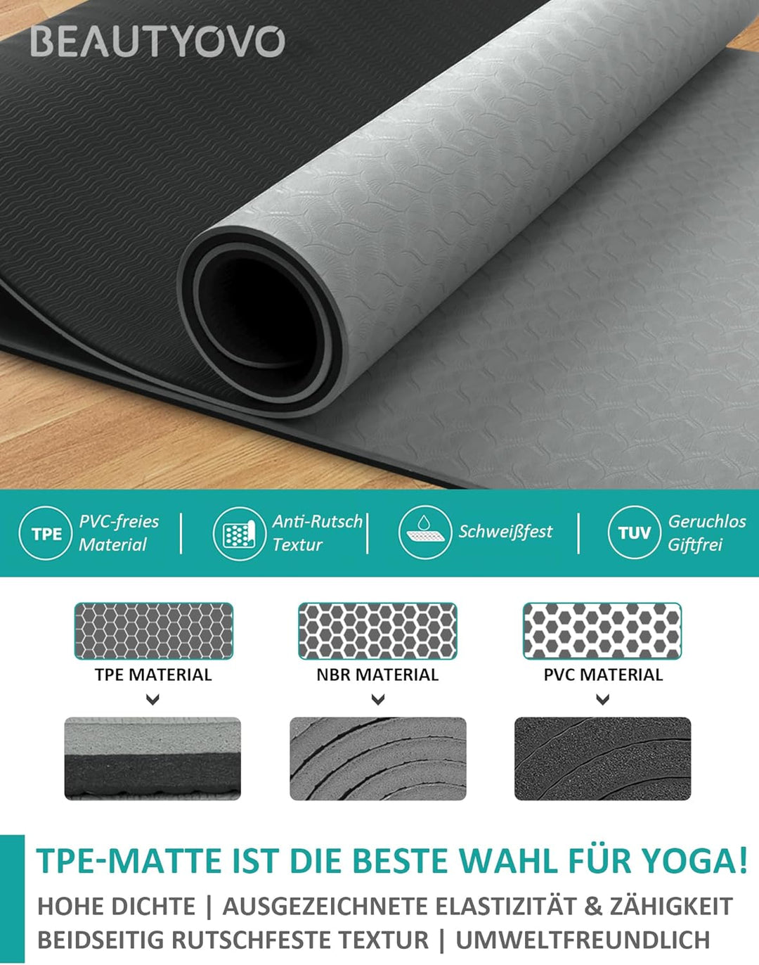 Yogamatte Rutschfest mit Tragegurt, 8mm Dicke Yoga Matte, Pro Sportmatte Fitnessmatte Rutschfest, TP