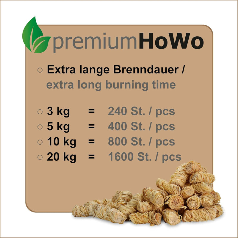 premiumHoWo (3kg = ca. 240 Stück Kaminanzünder, Grillanzünder und Ofenanzünder - Öko-Anzündwolle, Ho