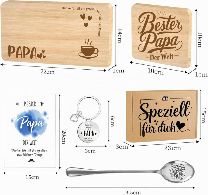 PAPA Geschenk – Holz-Servierbrett, Untersetzer, Edelstahl-Löffel, Schlüsselanhänger &amp; Grusskarte | L