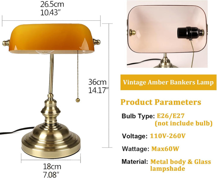 FIRVRE Amber Glas Banker Schreibtischlampe Vintage Classic American Tischleuchte Bronze Finish Basis