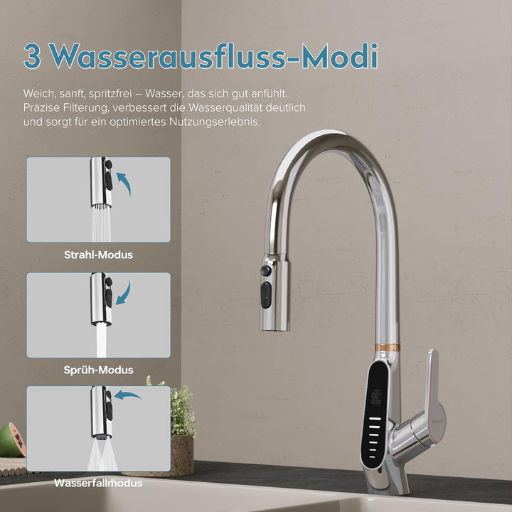 doporro Wasserhahn Küche Silber mit LED Temperaturanzeige, Küchenarmatur Ausziehbar, Hochdruck Misch