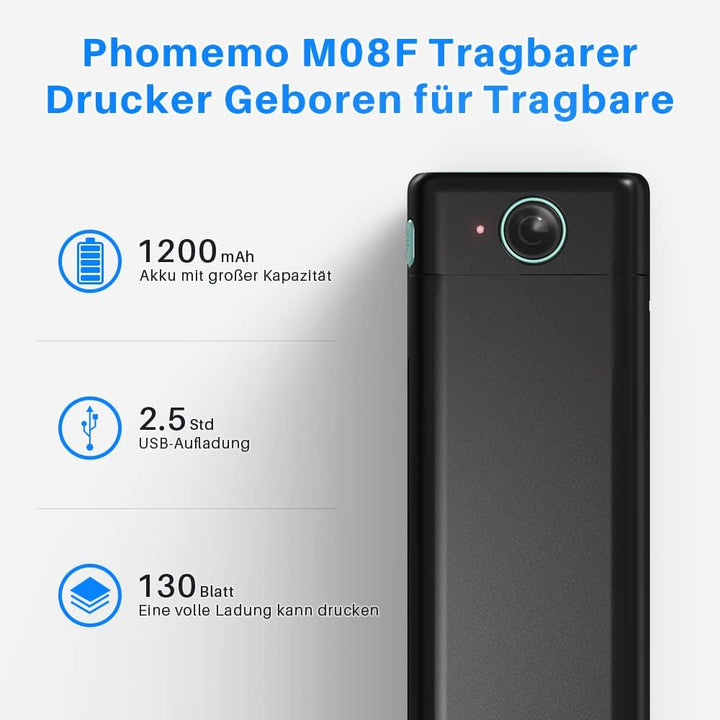 Phomemo M08F Mobiler Drucker A4 für Unterwegs Bluetooth Kleiner Thermodrucker - Portable Printer Kom
