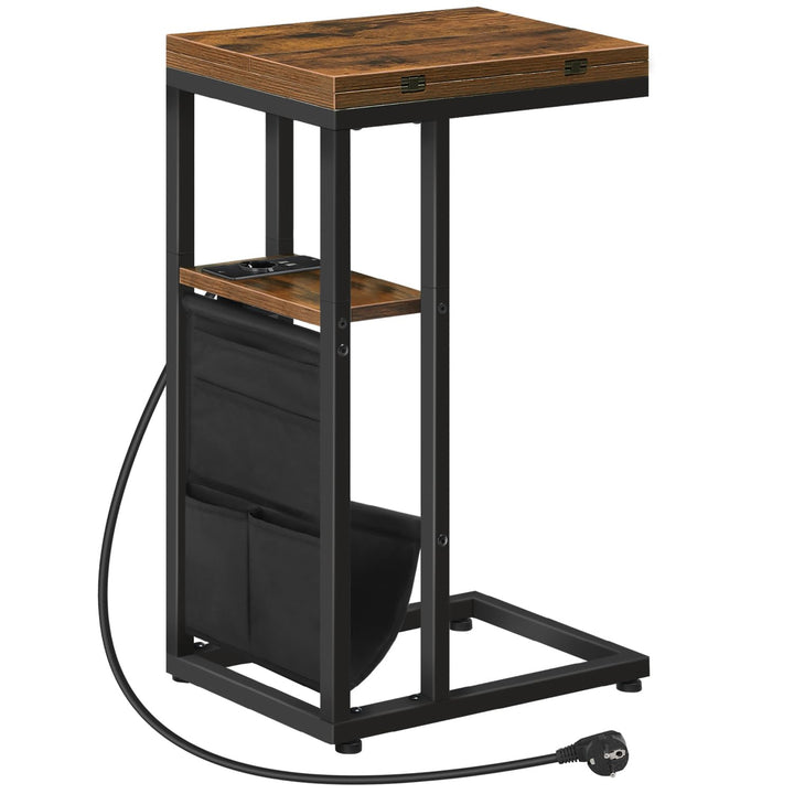 HOOBRO Beistelltisch mit Ladestation, C-Form Couchtisch mit Aufbewahrungstasche, klappbarer Sofatisc