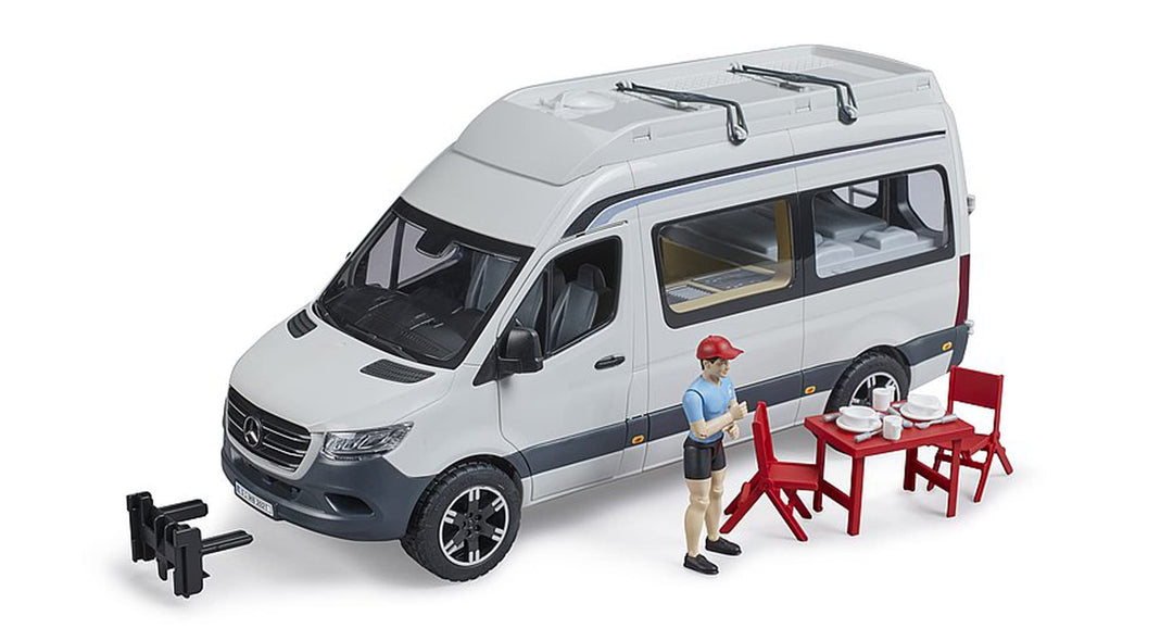 bruder 02672 - Mercedes-Benz Sprinter Camper mit Fahrer, Camping-Set, Geschirr - Wohnmobil Reisemobi