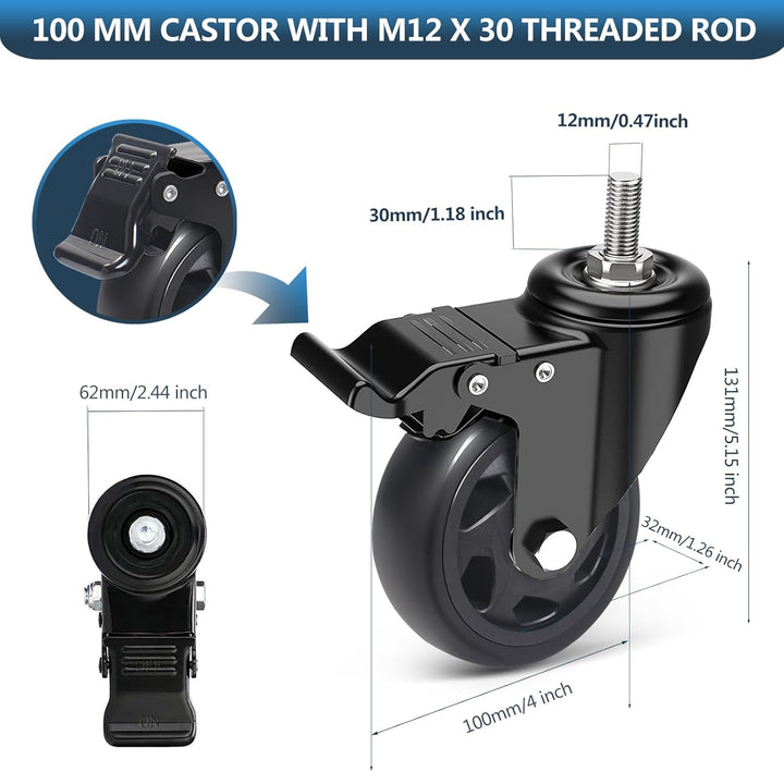 Lenkrollen 100MM mit Bremse, 4er set Möbelrollen mit M12 x 1,75 x 30mm Schraube bis 550KG, keine Spu