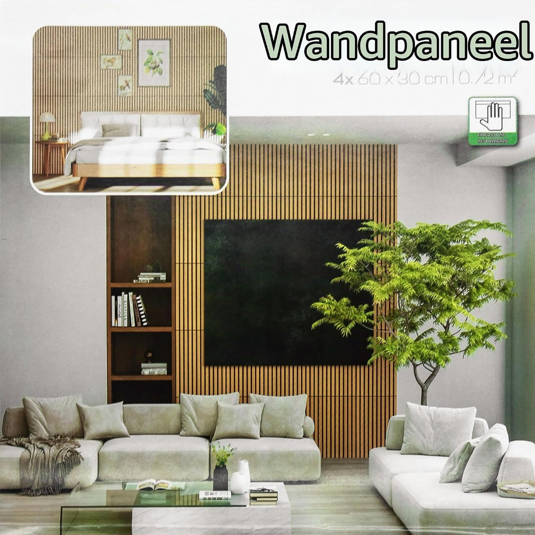 Akustikpaneele in Holzoptik 60 x 30 cm als Schallabsorber - 4er Set - Deko Schallschutz Wandvertäfel