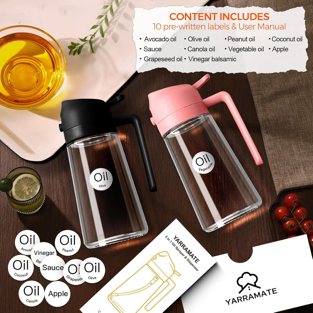 YARRAMATE 2 Stück 2 in 1 Ölsprüher für speiseöl, 470ml Öl Sprühflasche lebensmittelecht, Ölspray zum