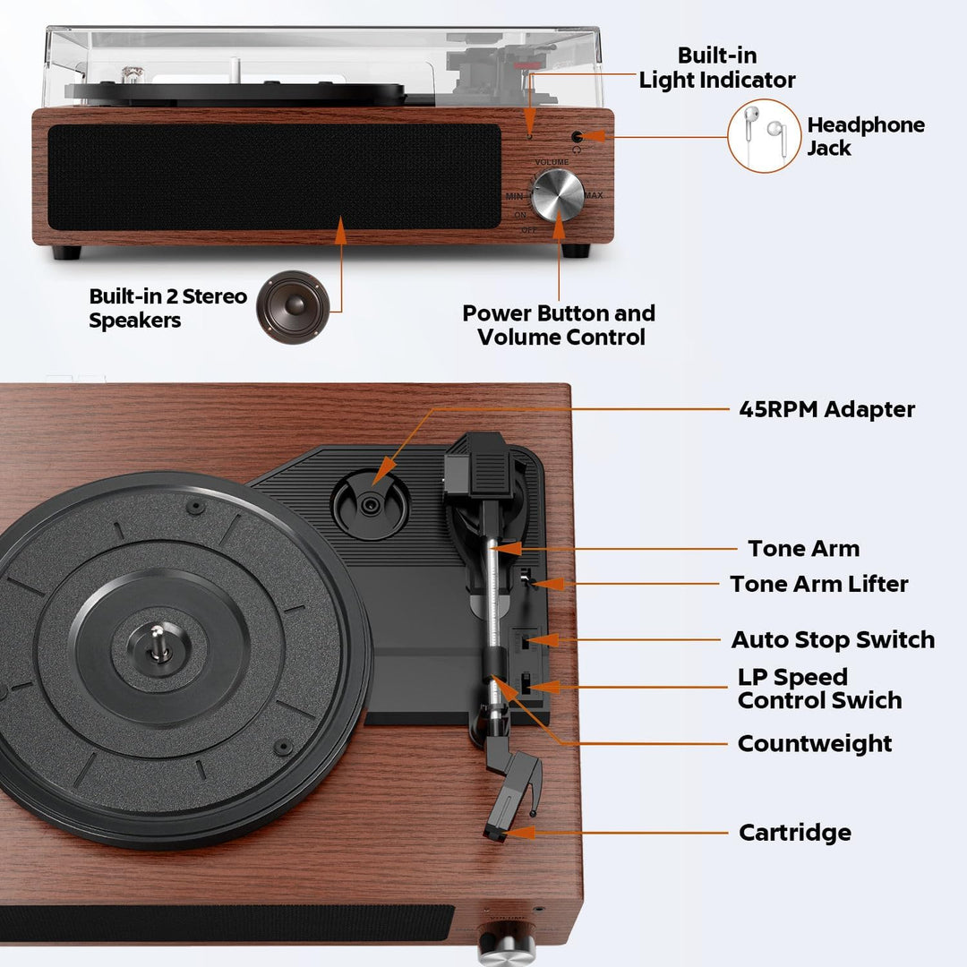 FYDEE Plattenspieler, Bluetooth 5.4 Schallplattenspieler mit Einstellbarer Auflagekraft, 2x3W Stereo