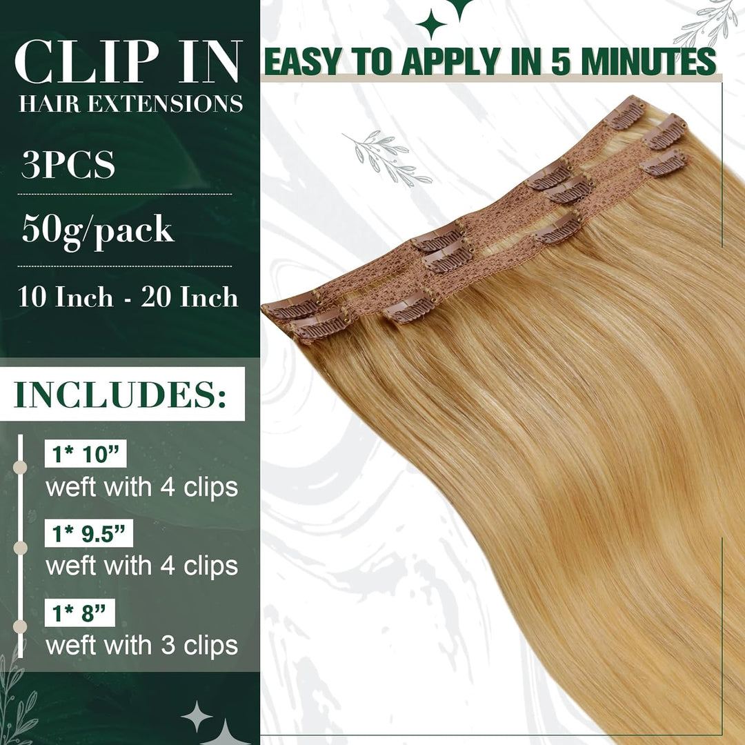 RUNATURE Clip in Extensions Echthaar Blond Extensions Clip in Echthaar 45cm Goldblond mit Hellblond