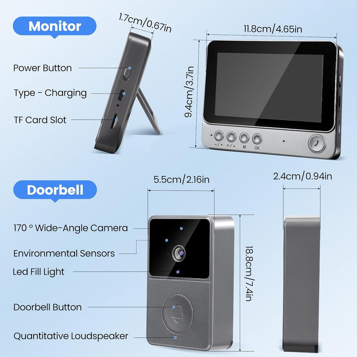 Türklingel mit Kamera und Monitor, 1080P HD, IP65 Wasserdicht, 4,3 Zoll Bildschirm, 170° Weitwinkel,