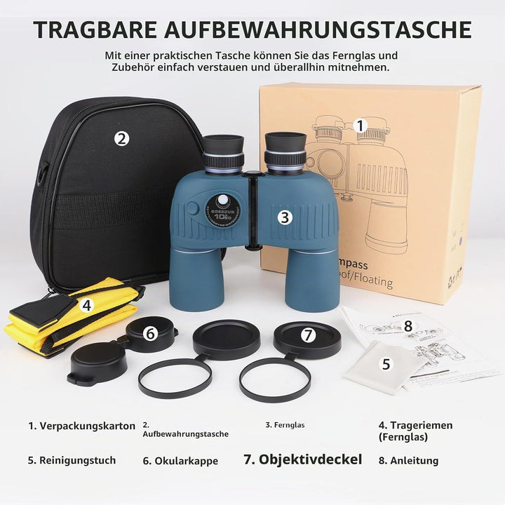 10x50 Marine Fernglas mit beleuchtetem Entfernungsmesser und Kompass, IPX7 wasserdicht, BAK4-Prismen