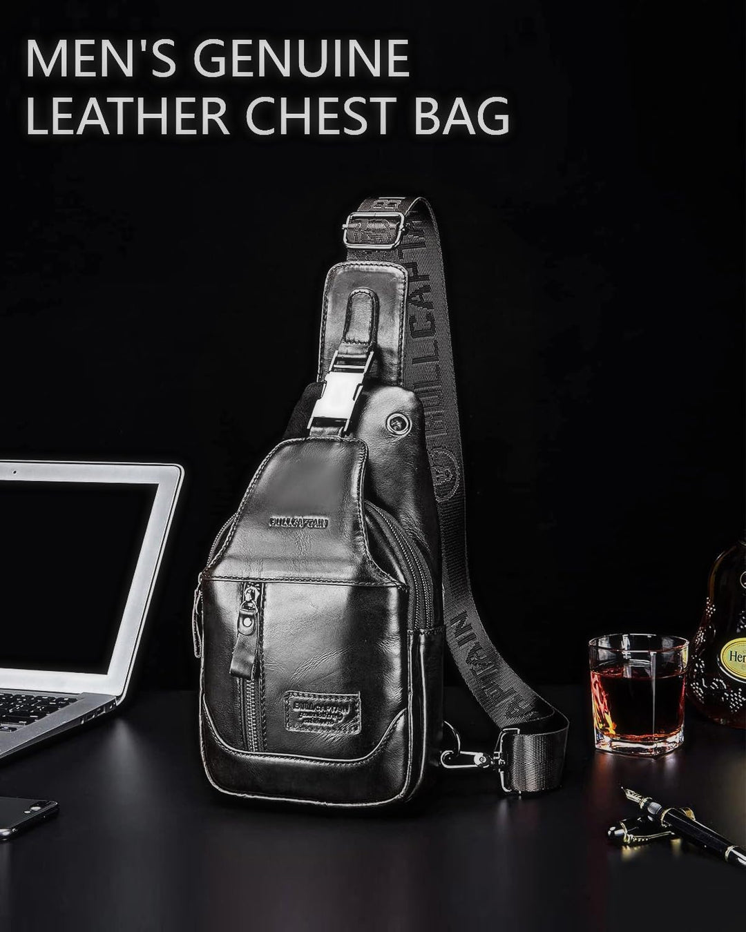 LOONGYOON Herrenbrusttasche aus Leder Umhängetasche mit Kopfhöreröffnung Studie über Sportreisen Mul