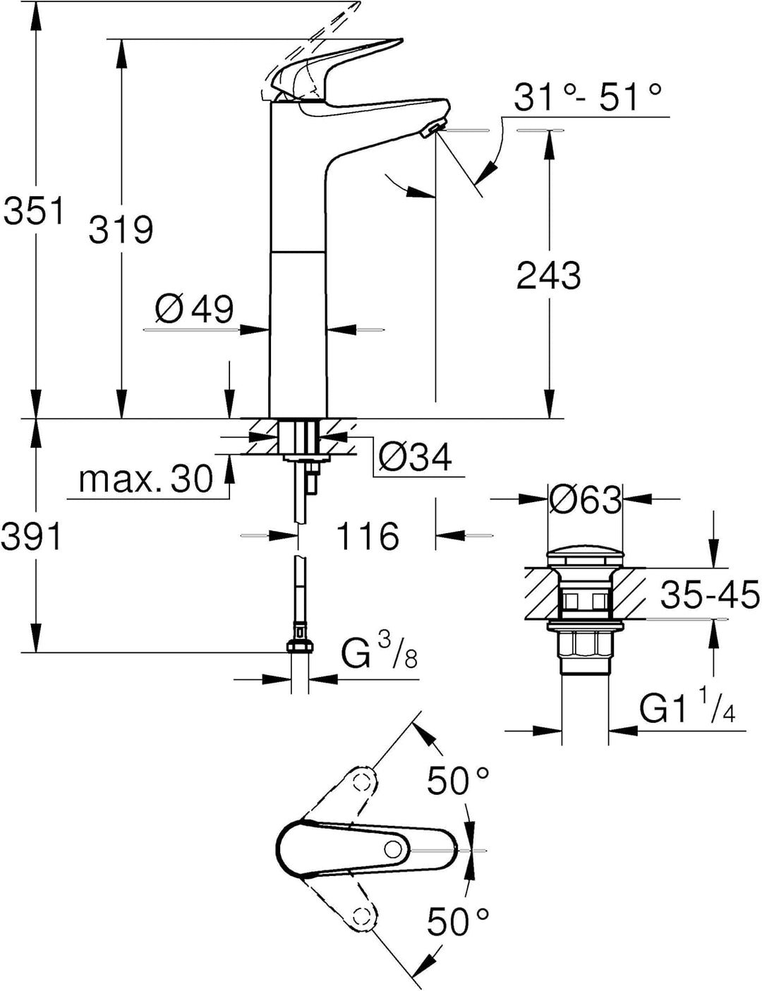 GROHE Swift, Waschtischarmatur hoch, wassersparend (Wasserhahn für das Bad, Badarmatur mit Pop-Up Ab