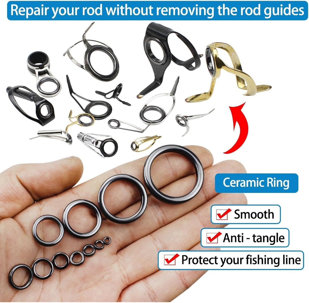 Générique 160 Stück Fishing Rod Guide Repair Kit, 11 Grössen Ceramic Rings, Pole Eyelet Replacement,