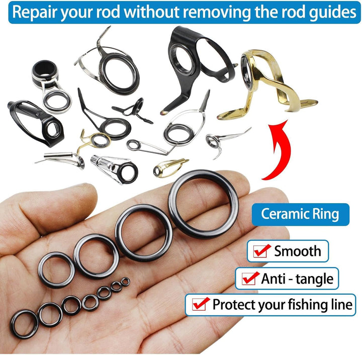 Générique 160 Stück Fishing Rod Guide Repair Kit, 11 Grössen Ceramic Rings, Pole Eyelet Replacement,