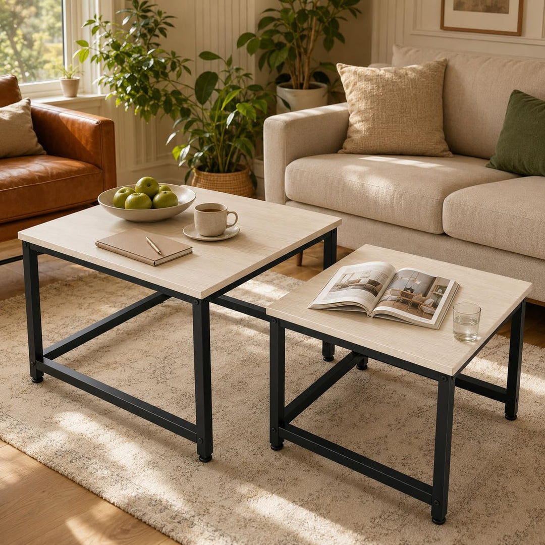 Hawthyhome wohnzimmertisch aus Holz mit Metallrahmen, Quadratisch couchtisch 2er Set &amp; Moderner Beis