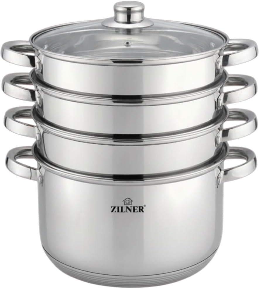 Zilner Dampfgarer Set - Topf Set 5-teilig - 24 cm - 3x Dämpfeinsatz und Glasdeckel - für alle Herdar